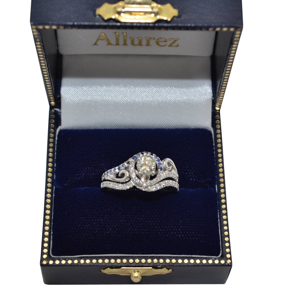 Swirl Bypass Diamond & Blue Sapphire Bridal Set 14k White Gold 0.36ct