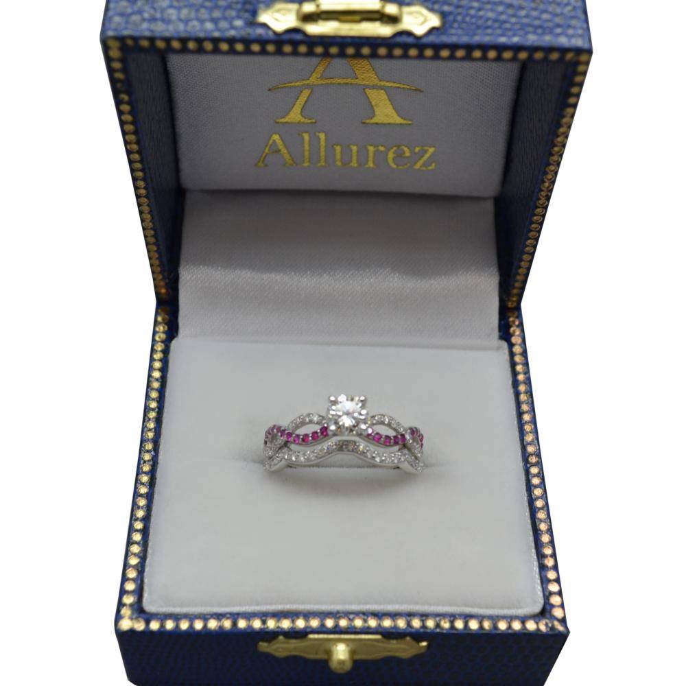 Infinity Diamond & Ruby Engagement Ring Set 14K White Gold 0.34ct
