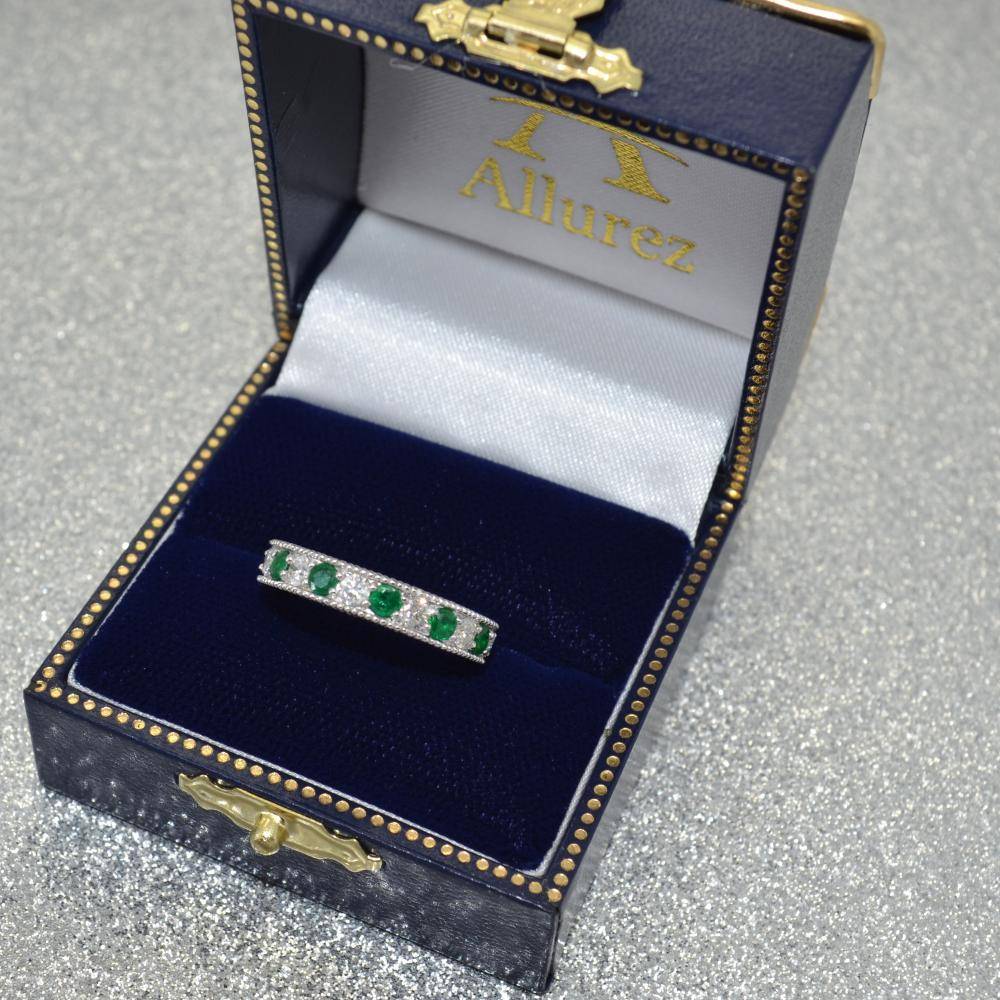 Antique Diamond & Emerald Engagement Ring 18k White Gold (0.72ct)