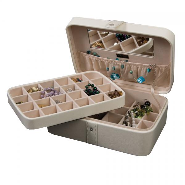 Ivory Faux Leather Jewelry Box, 48 Sections, Inside Mirror Jewel Case