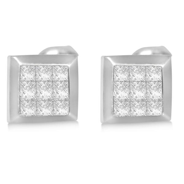 Diamond Invisible Set Princess Stud Earrings in 14k White Gold (0.86ct)