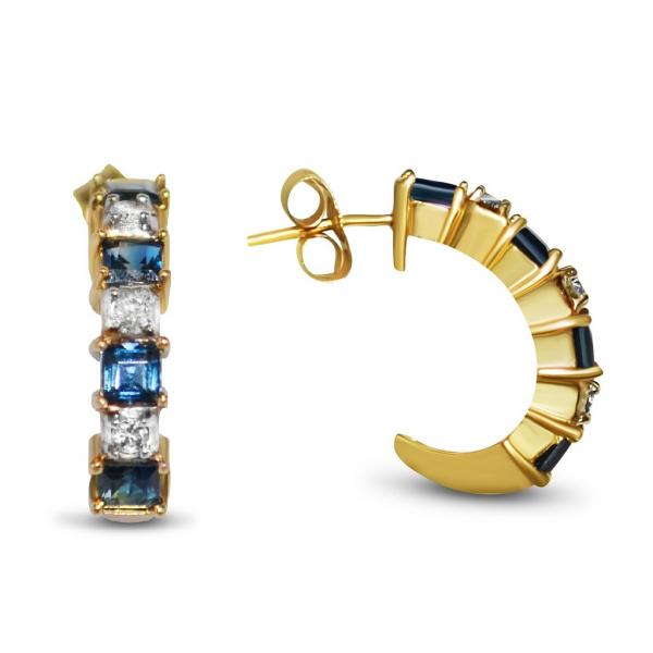 Diamond & Blue Sapphire Huggie Earrings in 14k Yellow Gold (0.85ct)