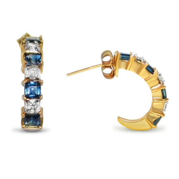Diamond & Blue Sapphire Huggie Earrings in 14k Yellow Gold (0.85ct)