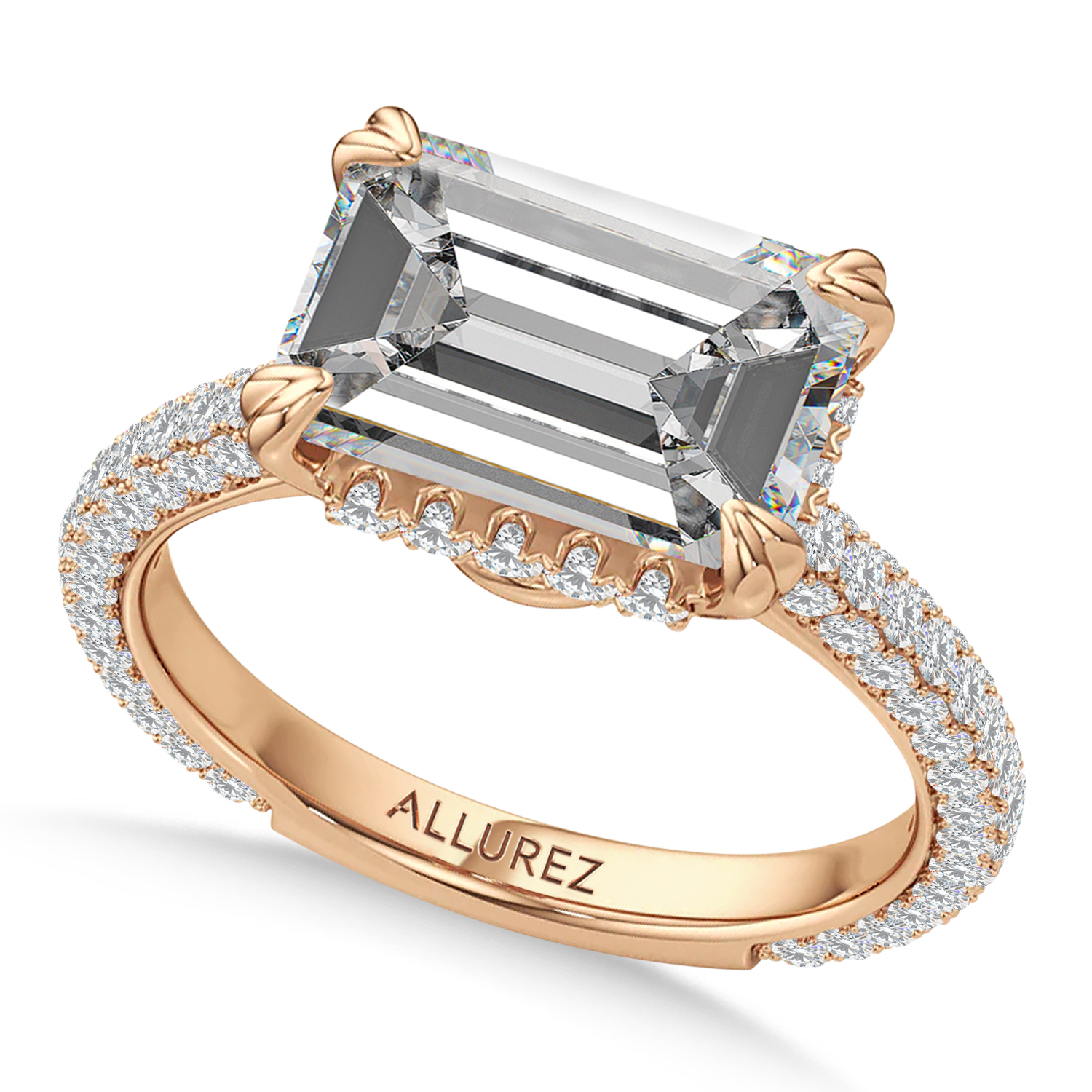 East-West Emerald Lab Diamond Engagement Ring 14K Rose Gold (4.90ct)
