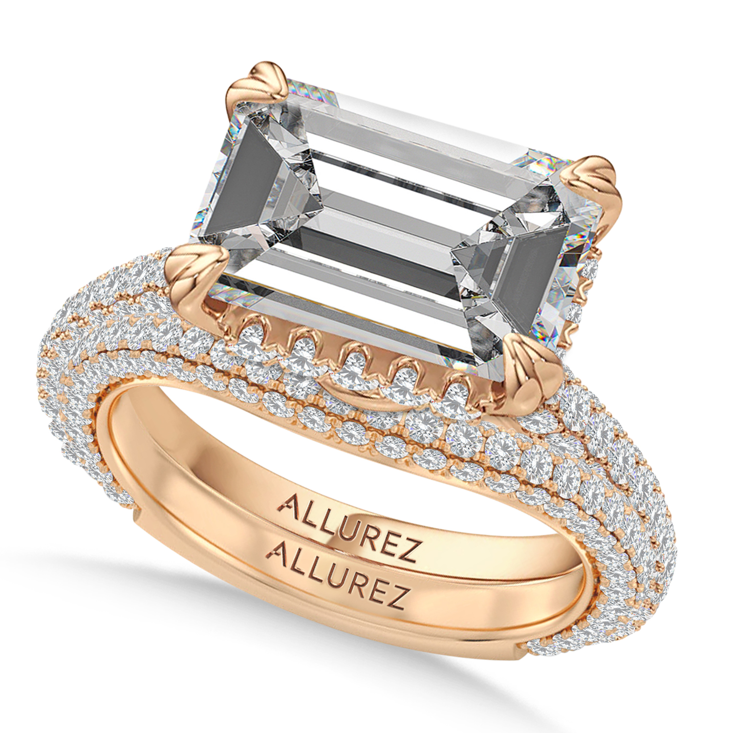 East-West Emerald Lab Diamond Bridal Set 14K Rose Gold (7.77ct)