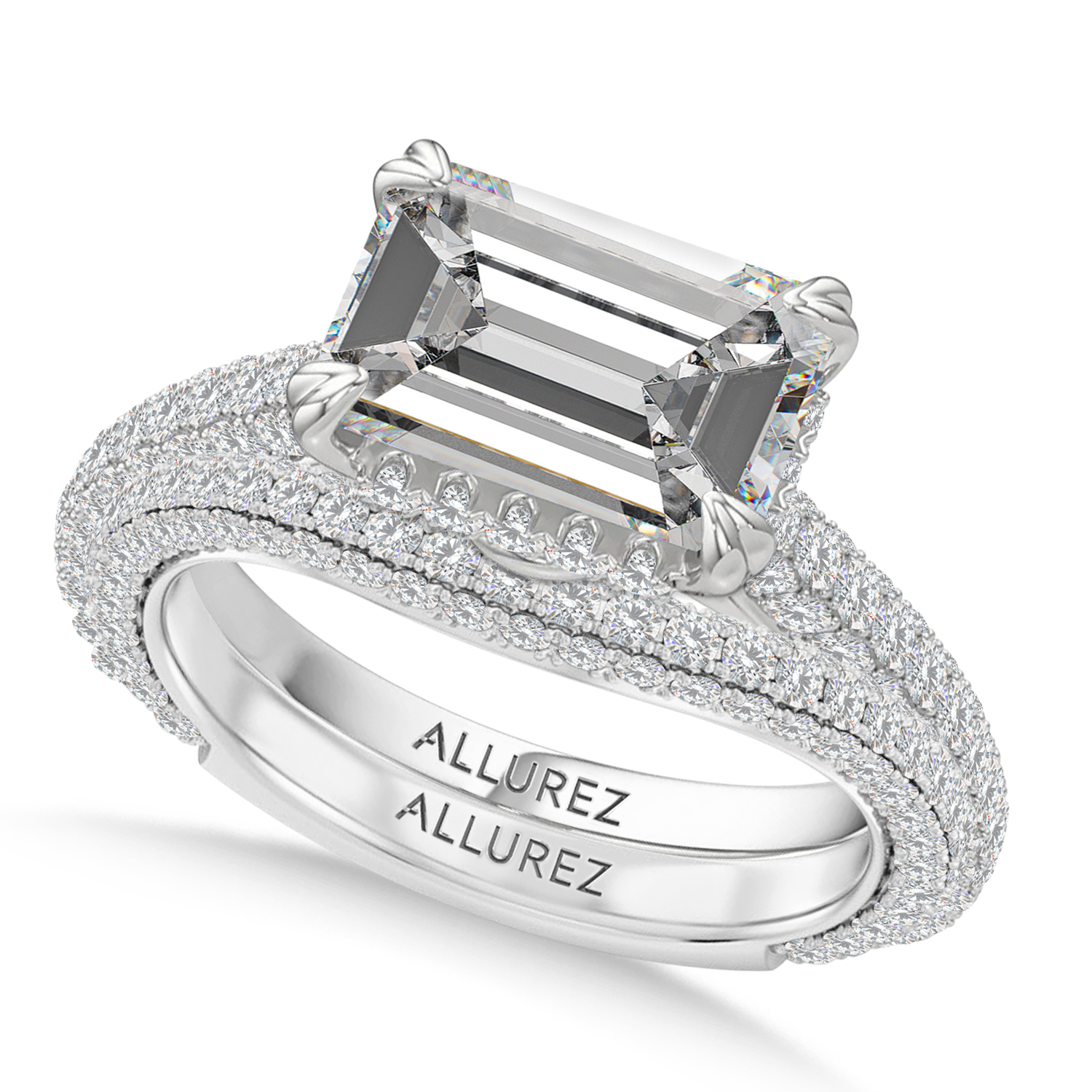 East-West Emerald Lab Diamond Bridal Set 14K White Gold (3.77ct)