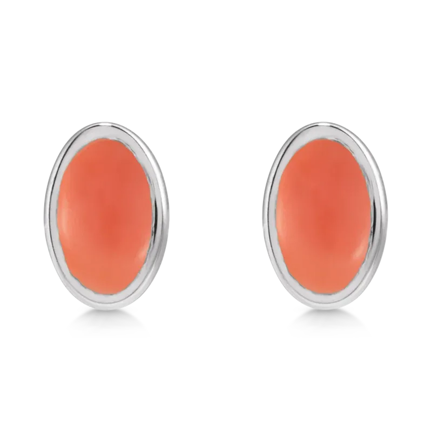 Oval Natural Cabochon Pink Coral Stud Earrings 14K White Gold (0.23ct)