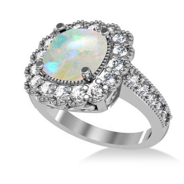 Opal & Diamond Cushion Halo Engagement Ring 14k White Gold 2.82ct AD3412