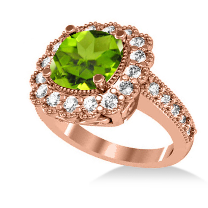 Peridot & Diamond Cushion Halo Engagement Ring 14k Rose Gold (3.18ct)