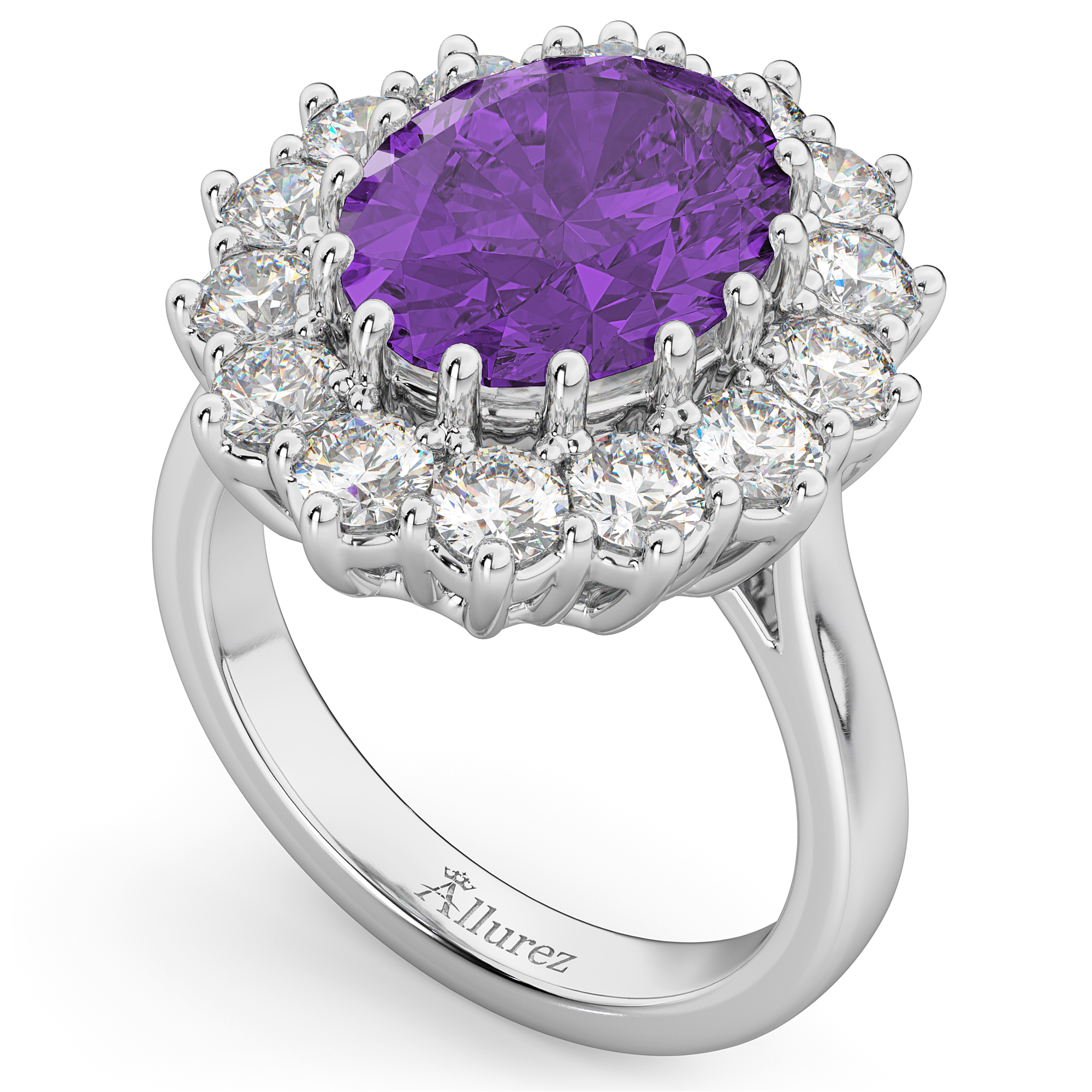 Oval Amethyst & Diamond Halo Lady Di Ring Platinum (6.40ct)