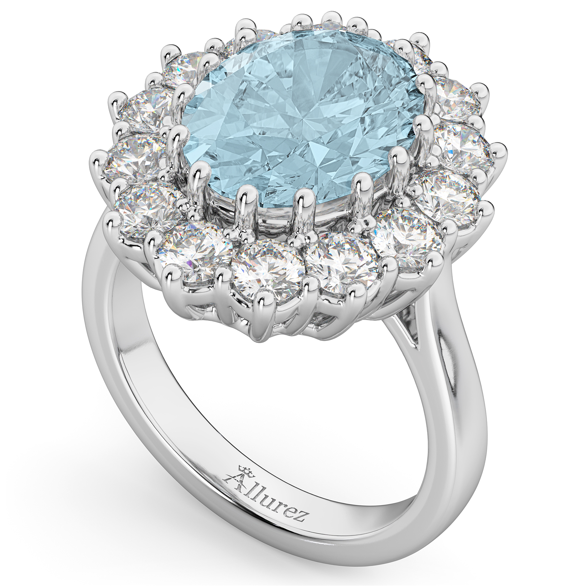 Oval Aquamarine & Diamond Halo Lady Di Ring 14k White Gold (6.40ct)