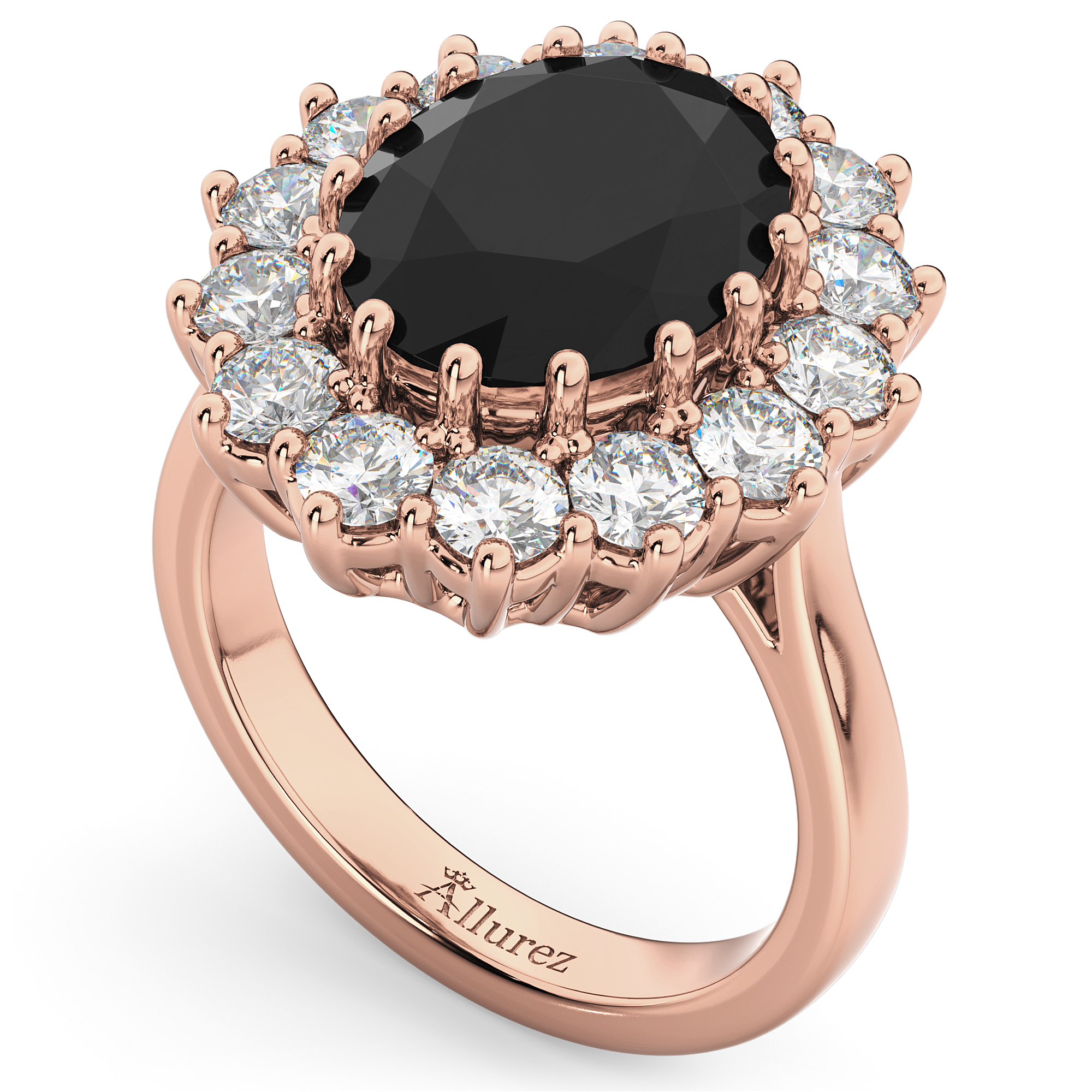 Oval Black Diamond & Diamond Halo Lady Di Ring 14k Rose Gold (6.40ct)