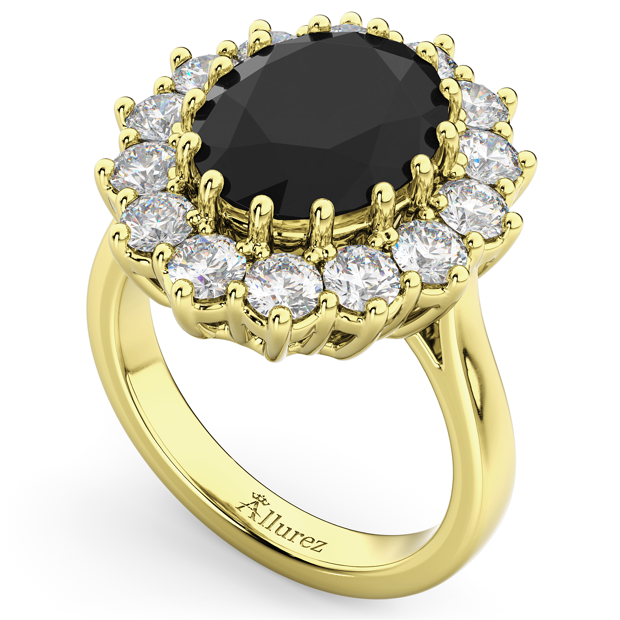 Oval Black Diamond & Diamond Halo Lady Di Ring 18k Yellow Gold (6.40ct)