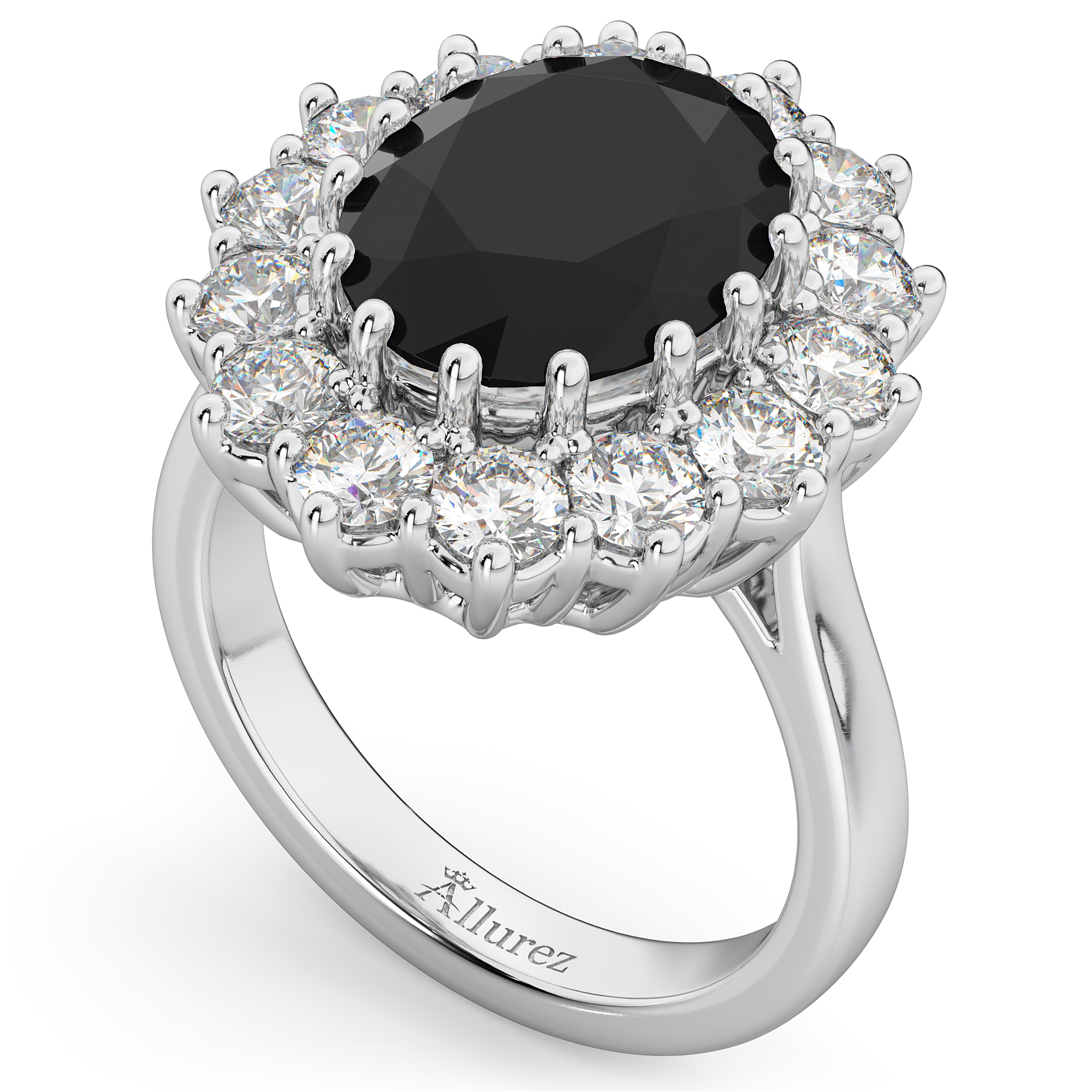Oval Black Diamond & Diamond Halo Lady Di Ring Platinum (6.40ct)