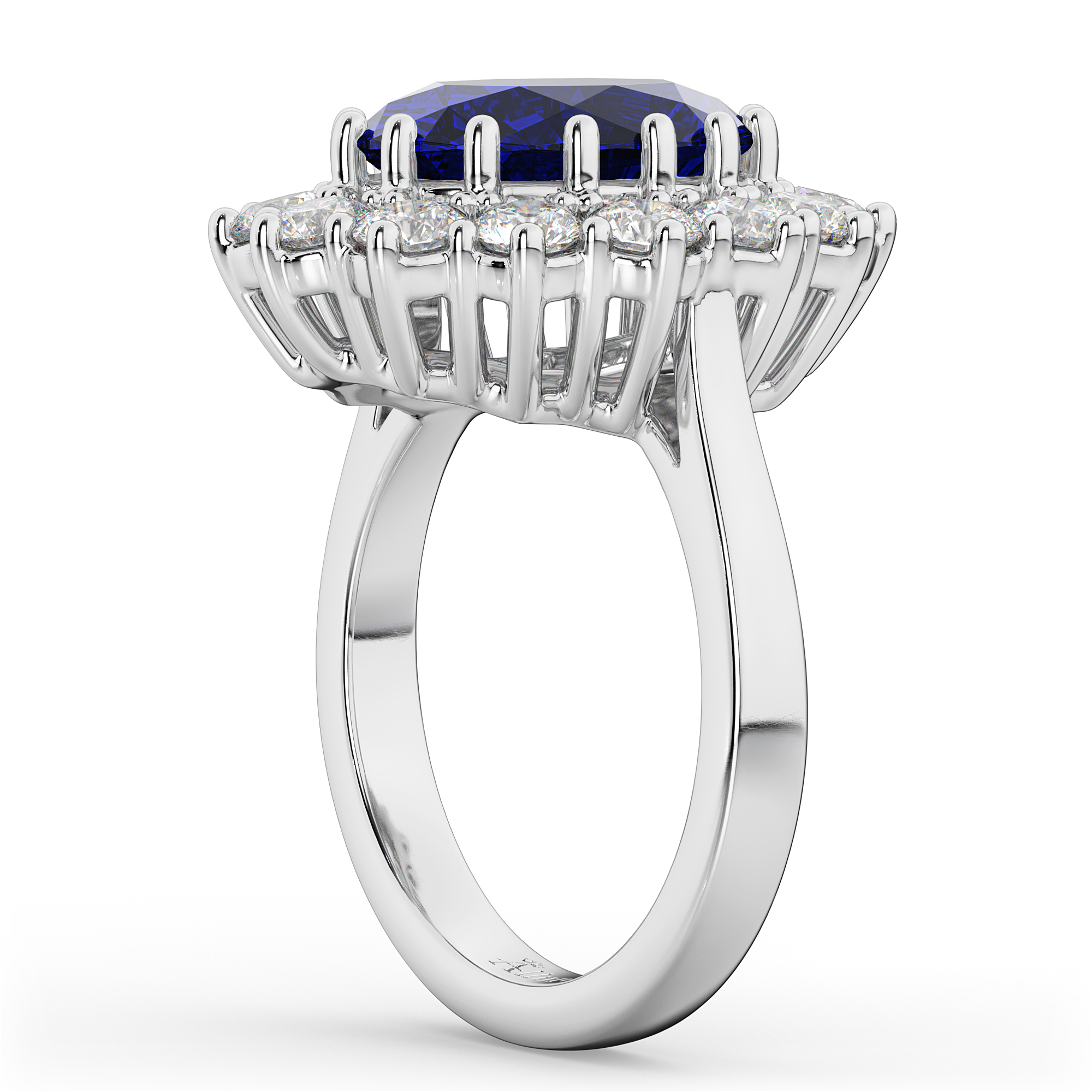 Oval Blue Sapphire & Diamond Halo Lady Di Ring 18k White Gold (6.40ct)