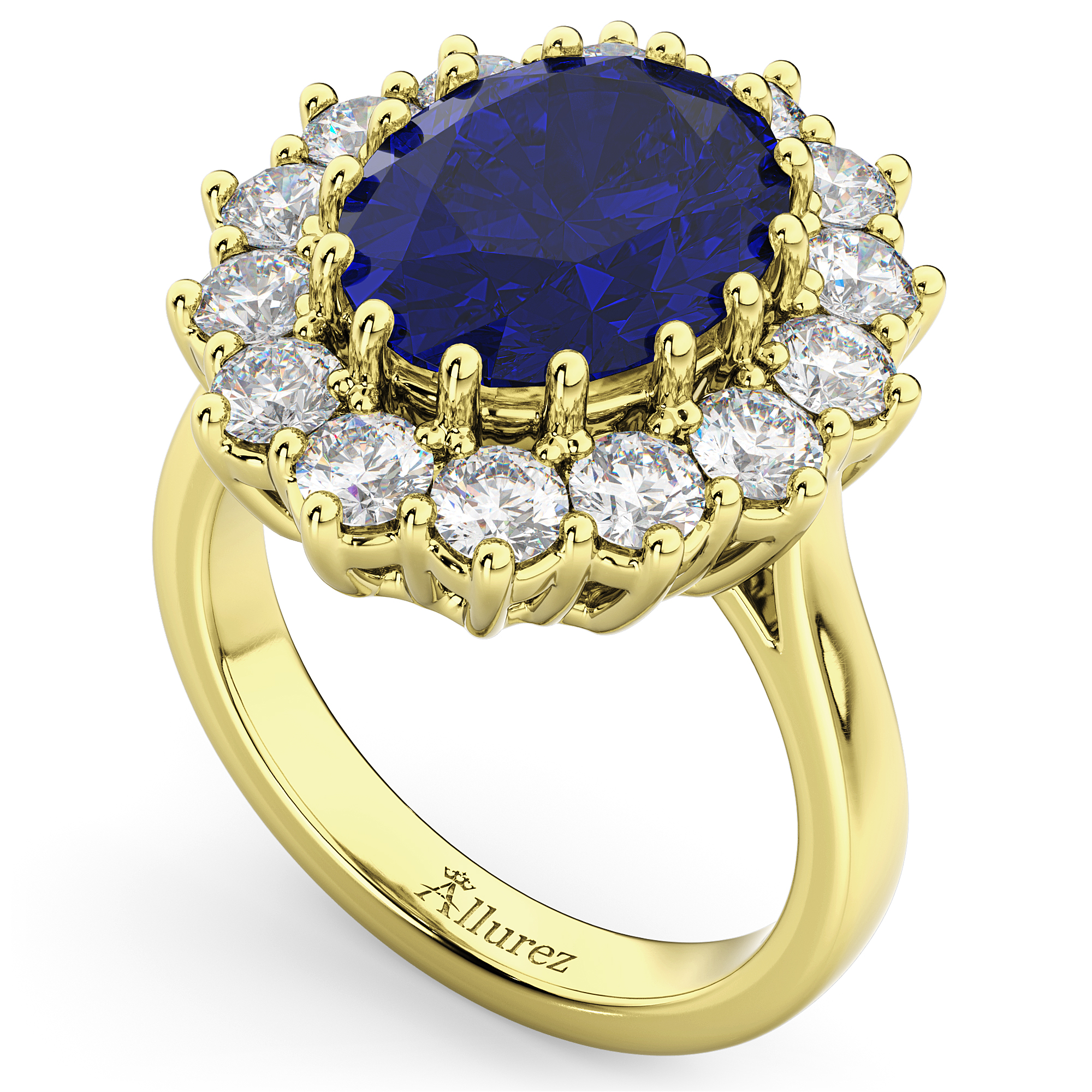 Oval Blue Sapphire & Diamond Halo Lady Di Ring 18k Yellow Gold (6.40ct)