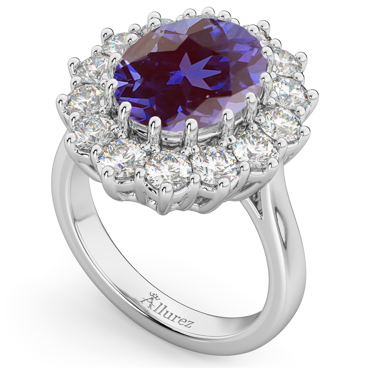 Oval Lab Alexandrite & Diamond Halo Lady Di Ring 14k White Gold (6.40ct)