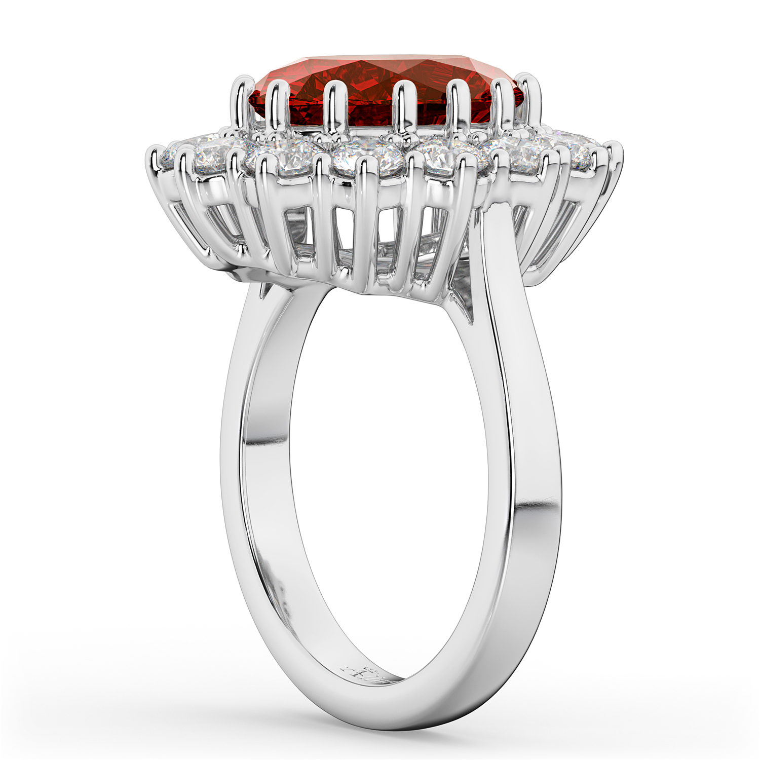 Oval Lab Ruby & Diamond Halo Lady Di Ring 14k White Gold (6.40ct)