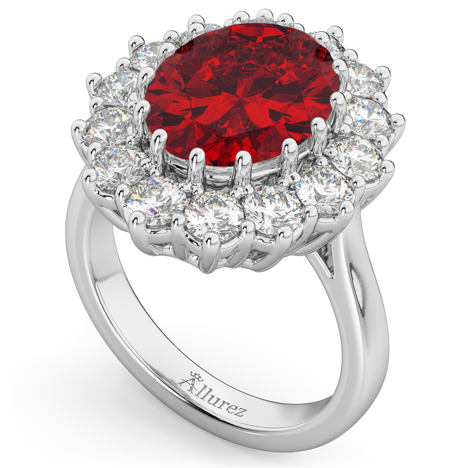 Oval Lab Ruby & Diamond Halo Lady Di Ring 14k White Gold (6.40ct)
