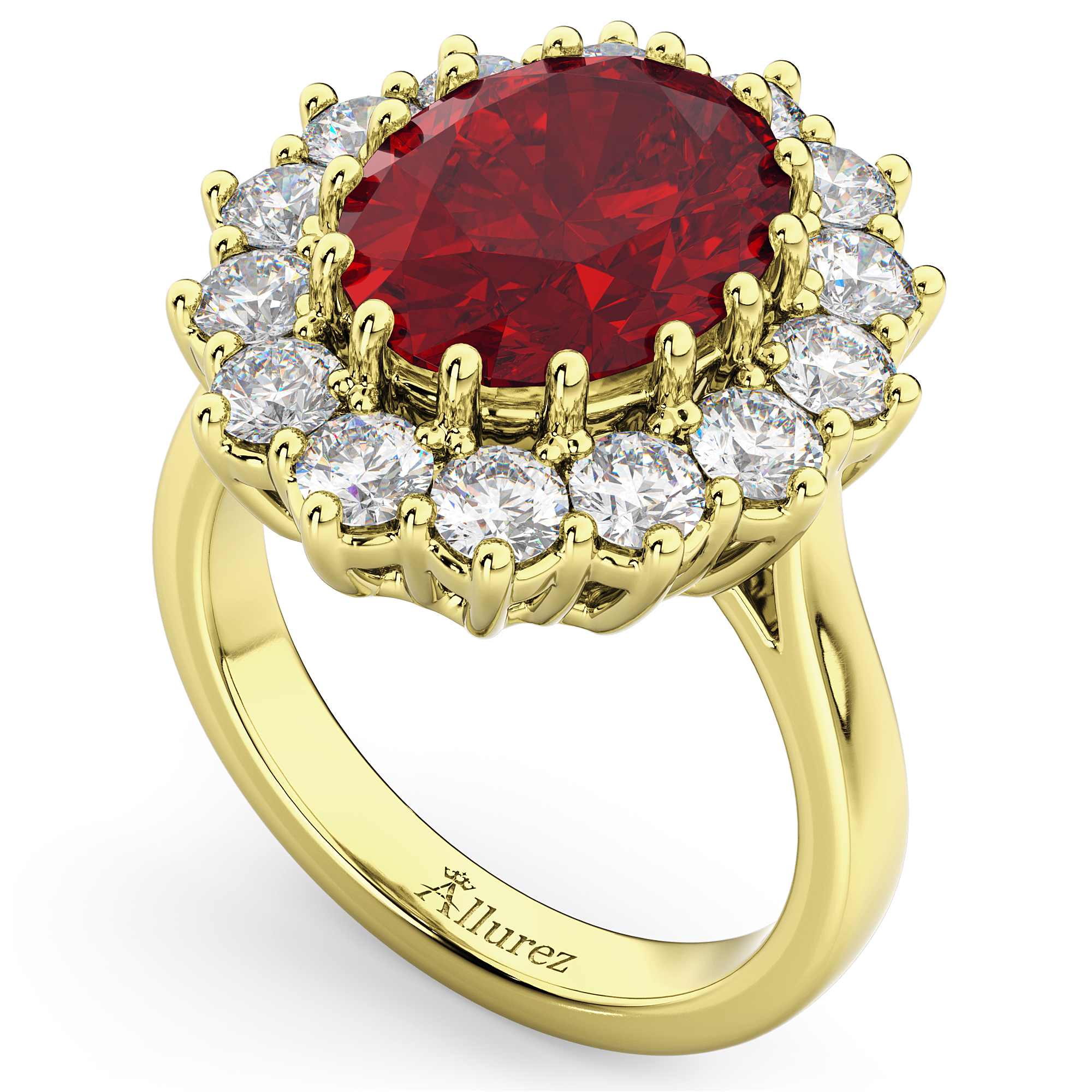 Oval Ruby & Diamond Halo Lady Di Ring 14k Yellow Gold (6.40ct)