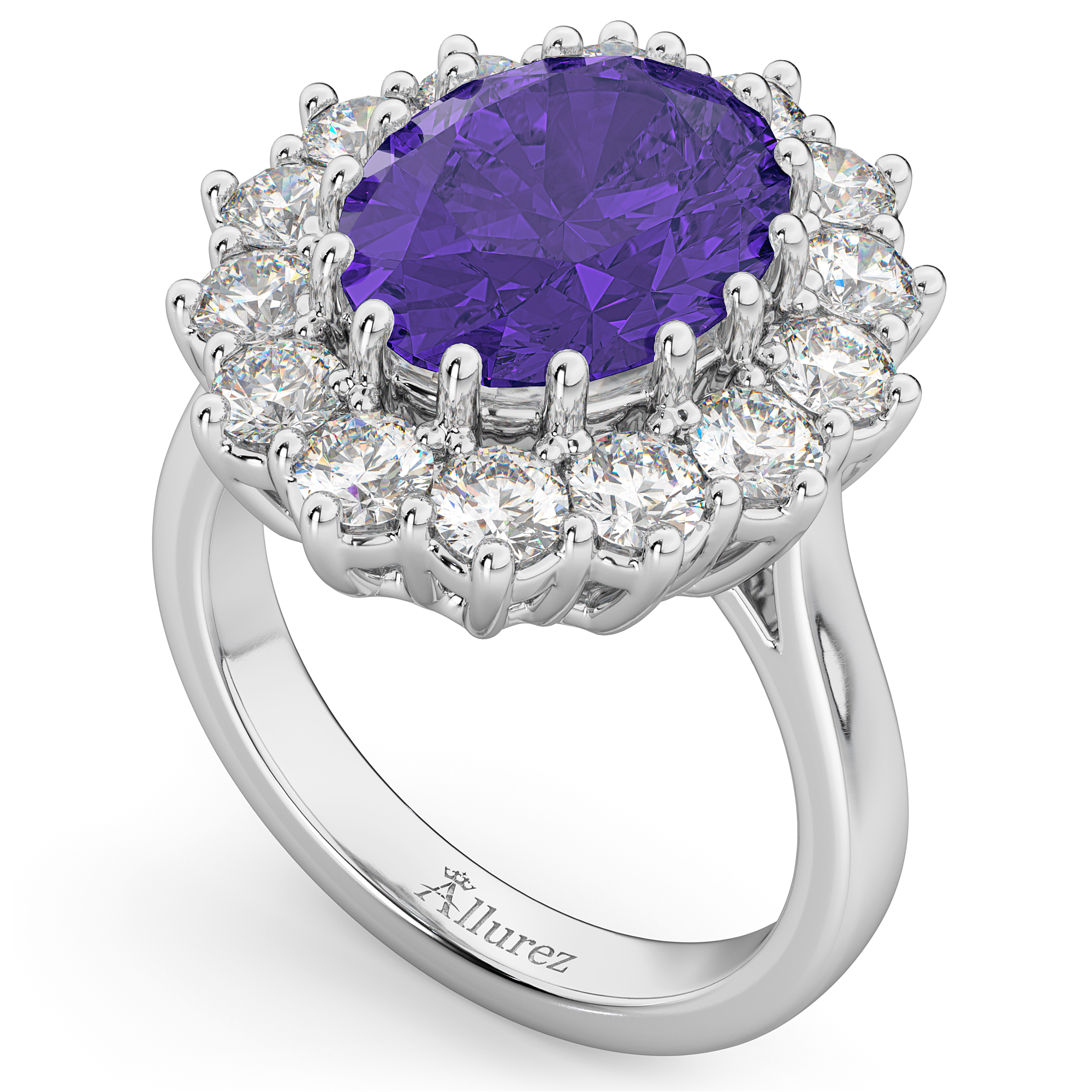 Oval Tanzanite & Diamond Halo Lady Di Ring 14k White Gold (6.40ct)