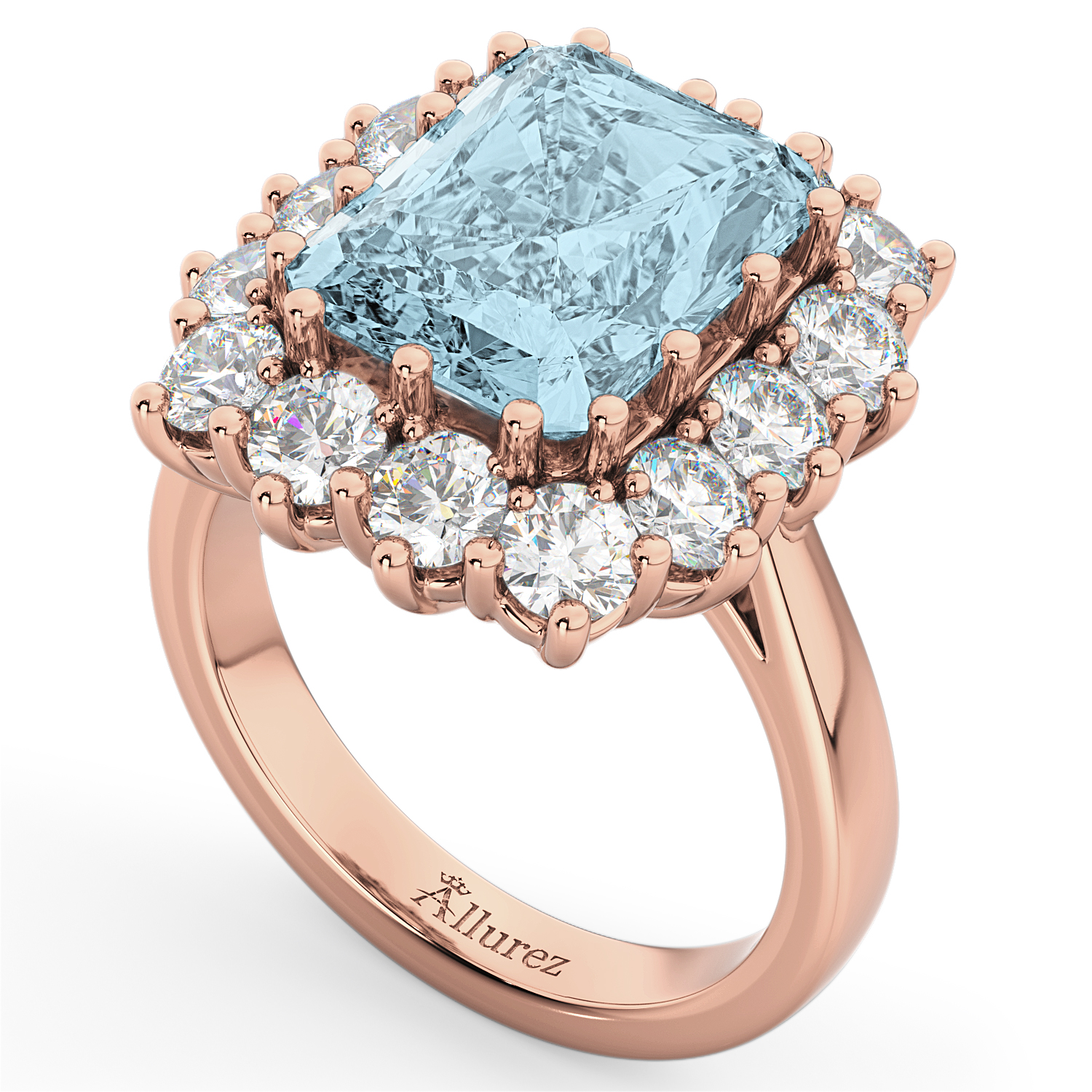 Emerald Cut Lab Aquamarine & Diamond Lady Di Ring 14k Rose Gold (5.68ct)