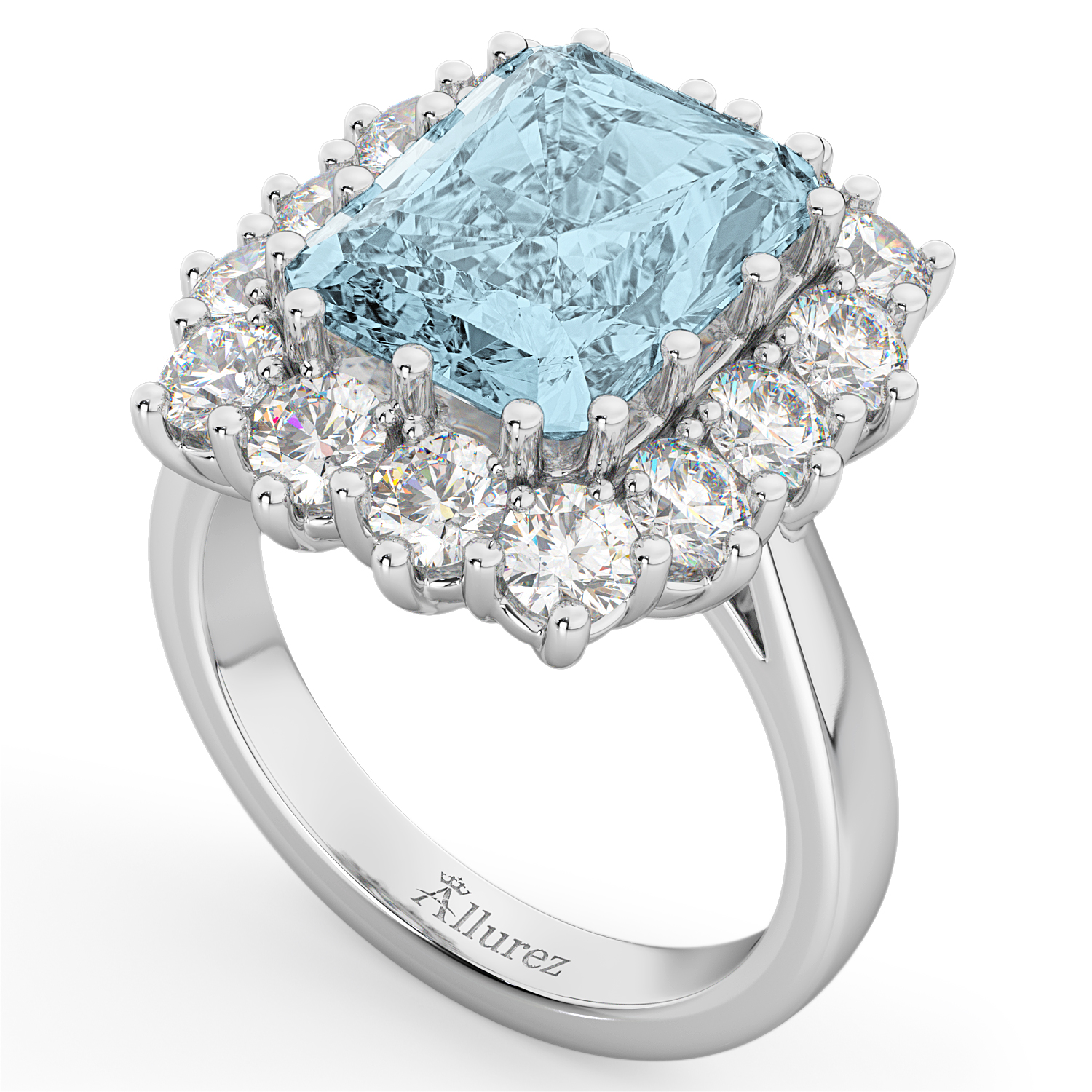 Emerald Cut Lab Aquamarine & Diamond Lady Di Ring 14k White Gold (5.68ct)
