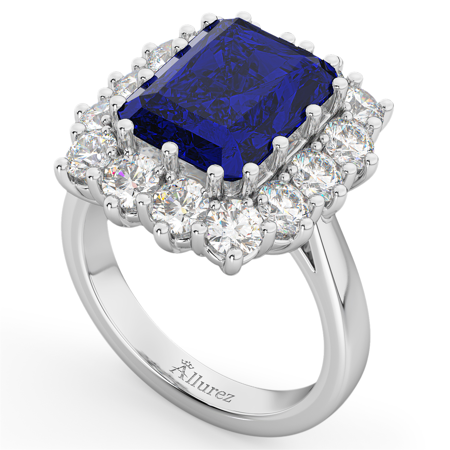 Emerald Cut Blue Sapphire & Diamond Lady Di Ring 14k White Gold 5.68ct