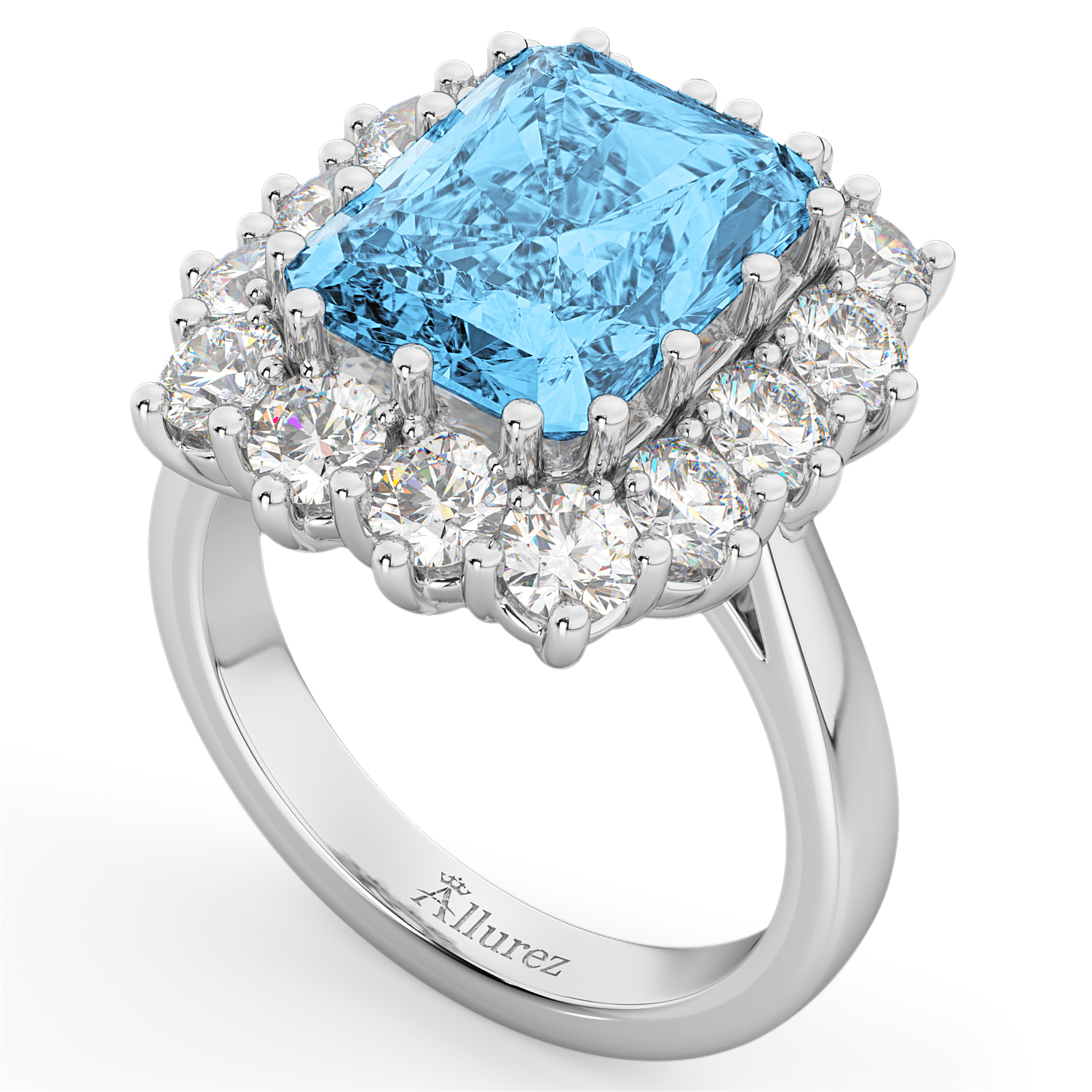 Emerald Cut Blue Topaz & Diamond Lady Di Ring 14k White Gold (5.68ct)