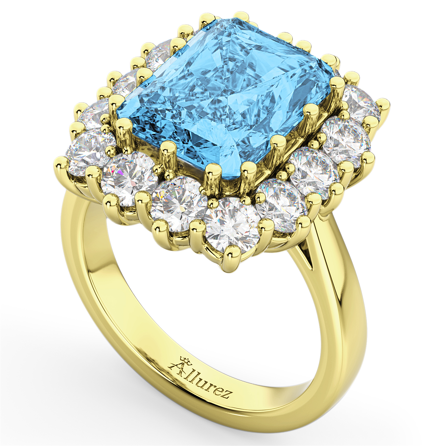Emerald Cut Blue Topaz & Diamond Lady Di Ring 18k Yellow Gold (5.68ct)