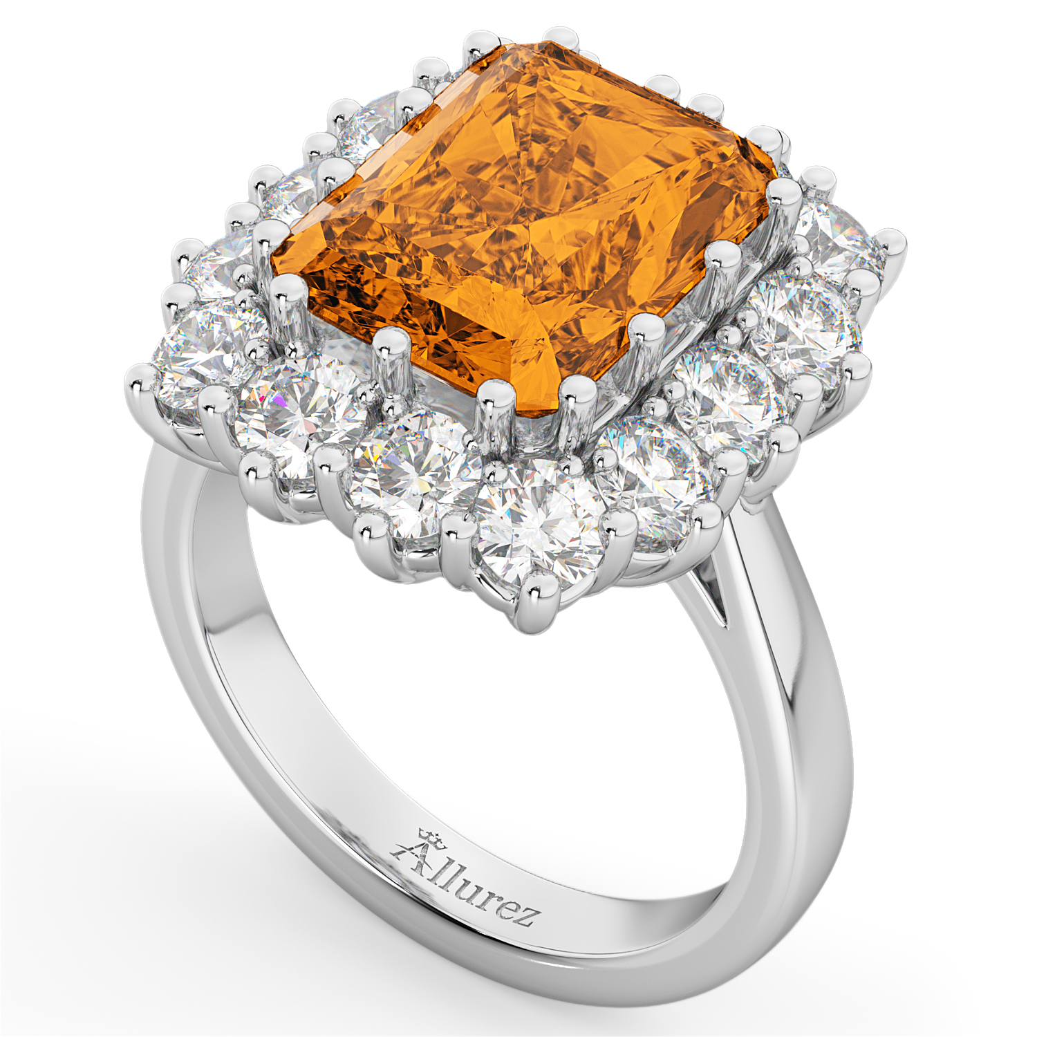 Emerald Cut Citrine & Diamond Lady Di Ring 18k White Gold (5.68ct)