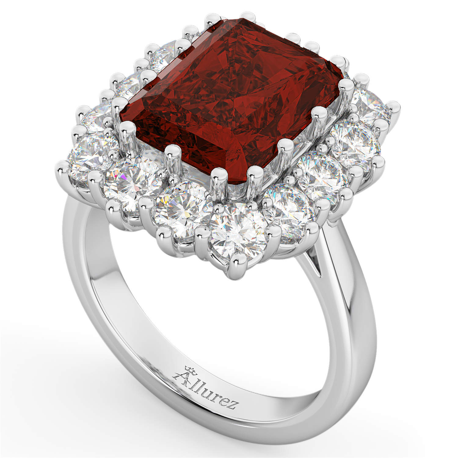 Emerald Cut Garnet & Diamond Lady Di Ring 14k White Gold (5.68ct)
