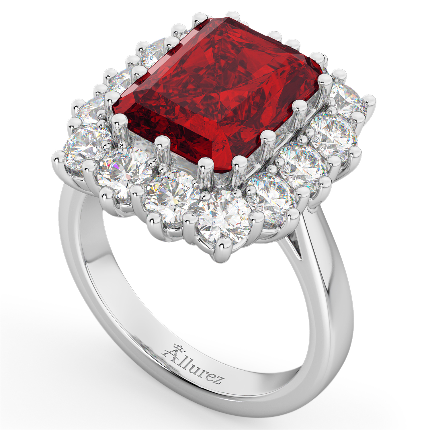 Emerald Cut Lab Ruby & Diamond Lady Di Ring 14k White Gold (5.68ct)