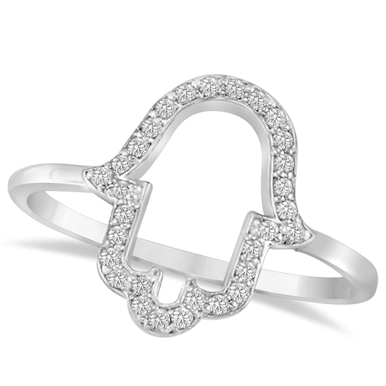 Hand of God Hamsa Ladies Diamond Ring 14k White Gold (0.15ct)