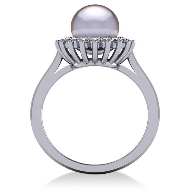 Pearl & Diamond Halo Engagement Ring 14k White Gold 8mm (0.36ct)