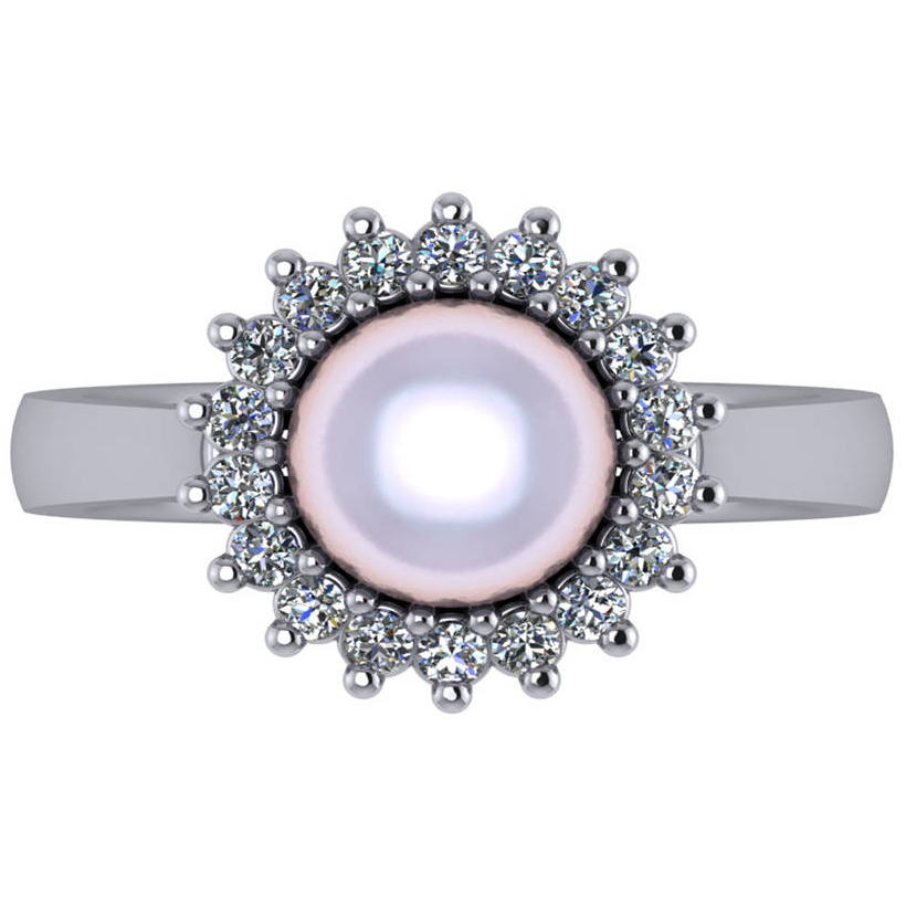 Pearl & Diamond Halo Engagement Ring 14k White Gold 8mm (0.36ct)