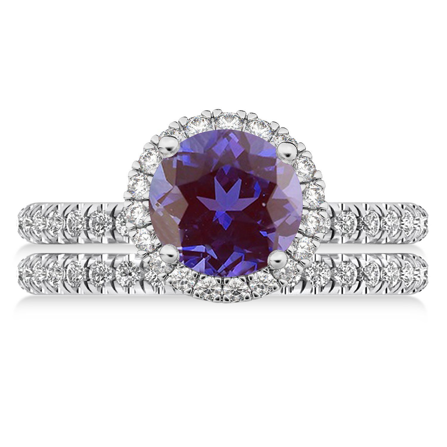Lab Alexandrite & Diamond Round-Cut Halo Bridal Set 14K White Gold (2.57ct)