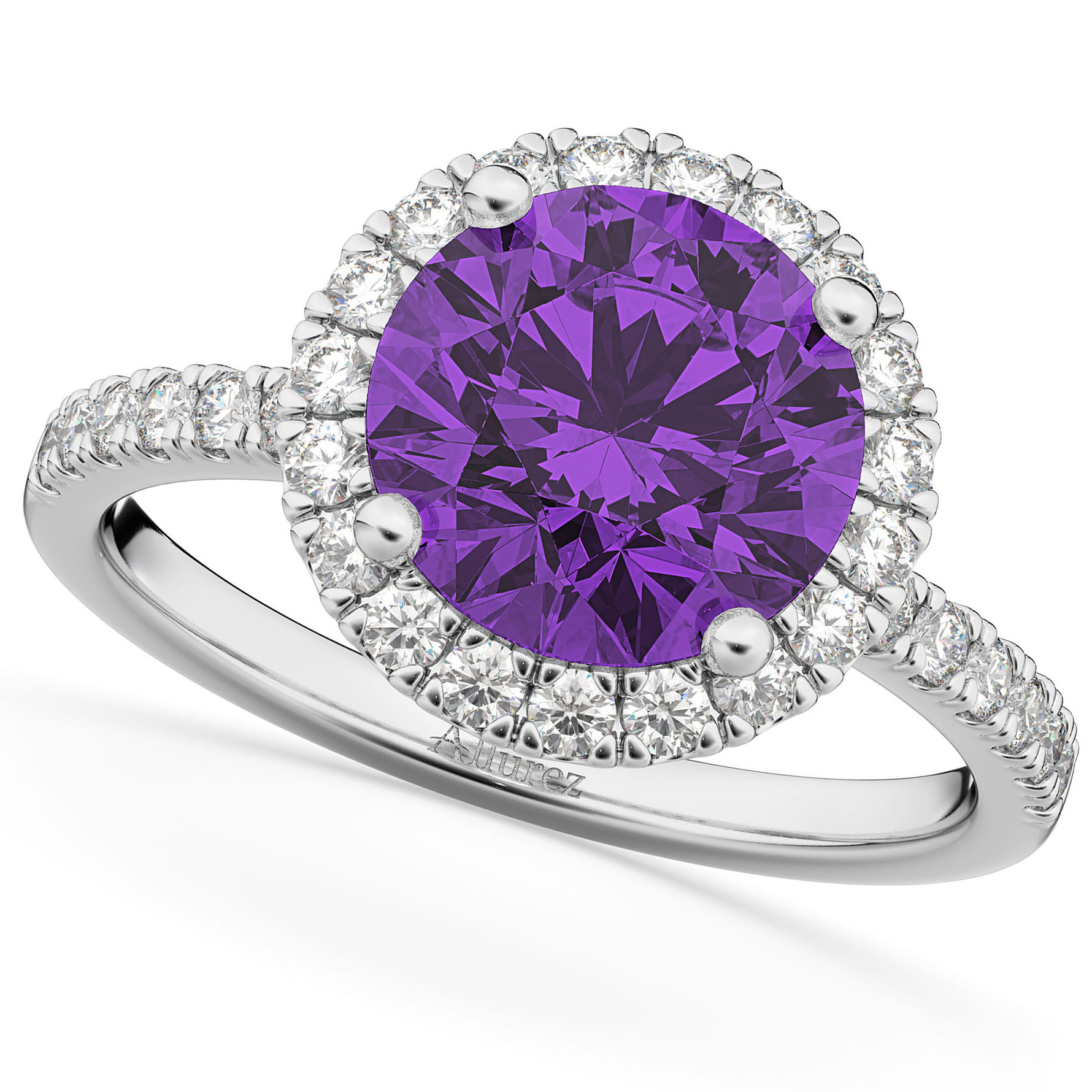 Amethyst & Diamond Round-Cut Halo Bridal Set 14K White Gold (2.57ct)