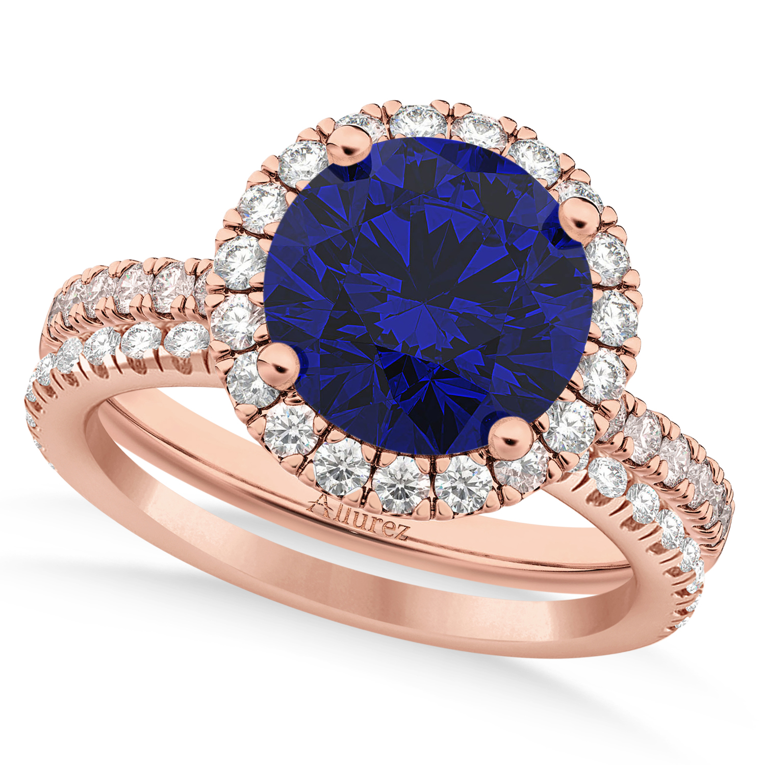 Blue Sapphire & Diamond Round-Cut Halo Bridal Set 14K Rose Gold (3.07ct)