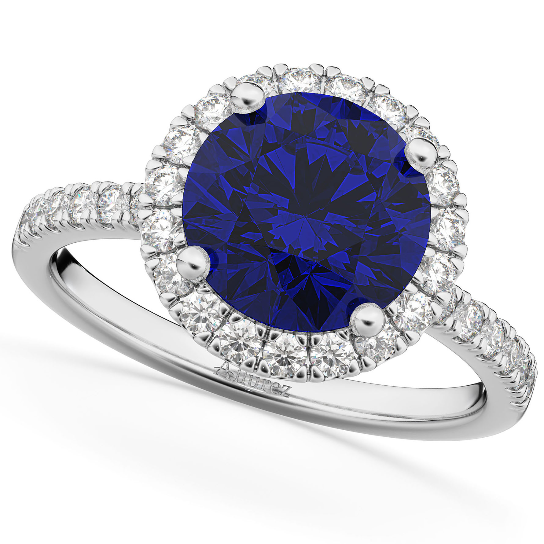 Blue Sapphire & Diamond Round-Cut Halo Bridal Set 18K White Gold (3.07ct)