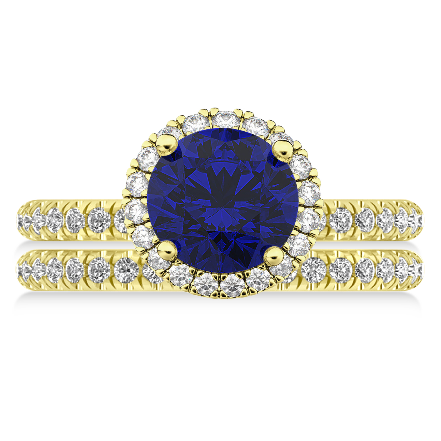 Blue Sapphire & Diamond Round-Cut Halo Bridal Set 18K Yellow Gold (3.07ct)