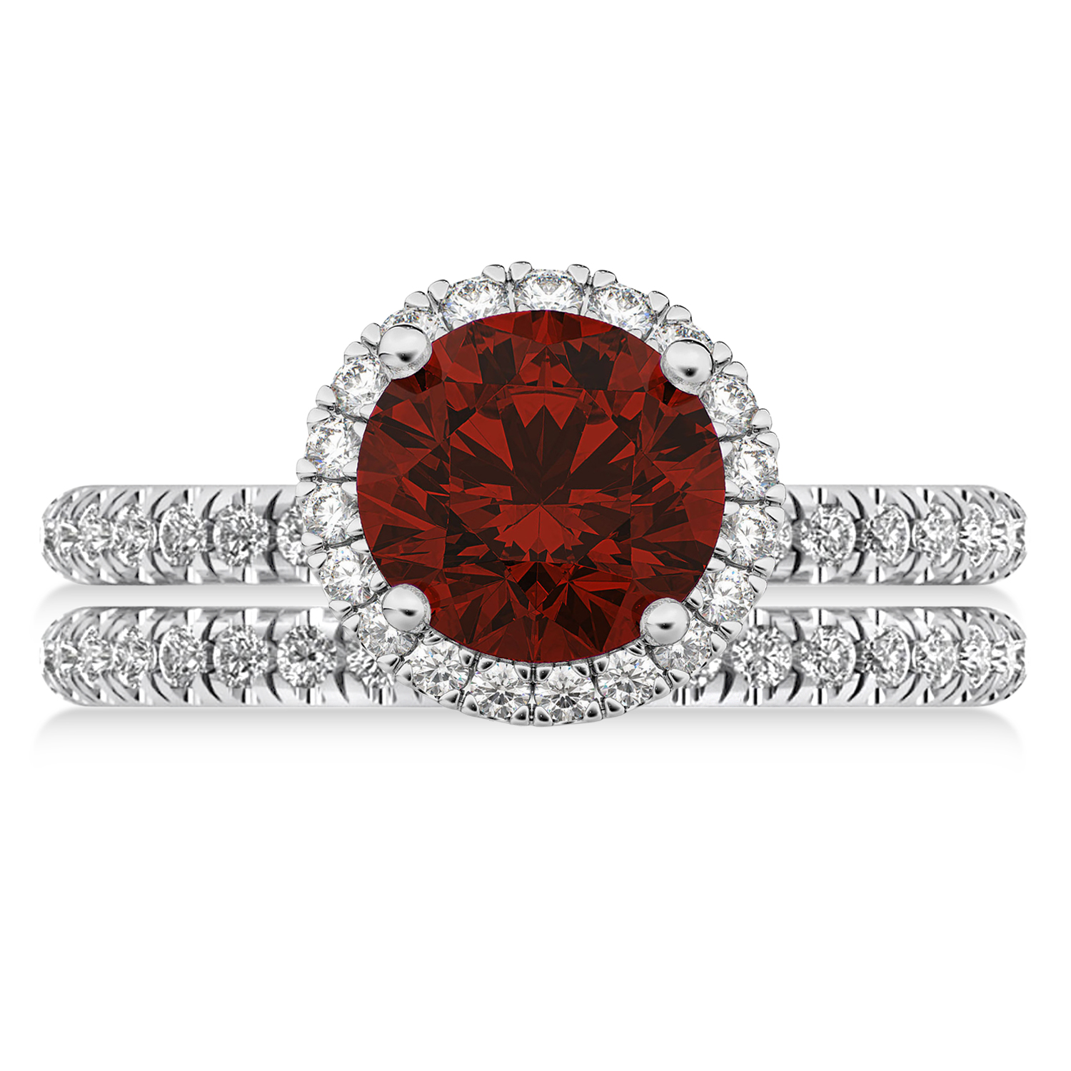 Garnet & Diamond Round-Cut Halo Bridal Set 14K White Gold (3.27ct)
