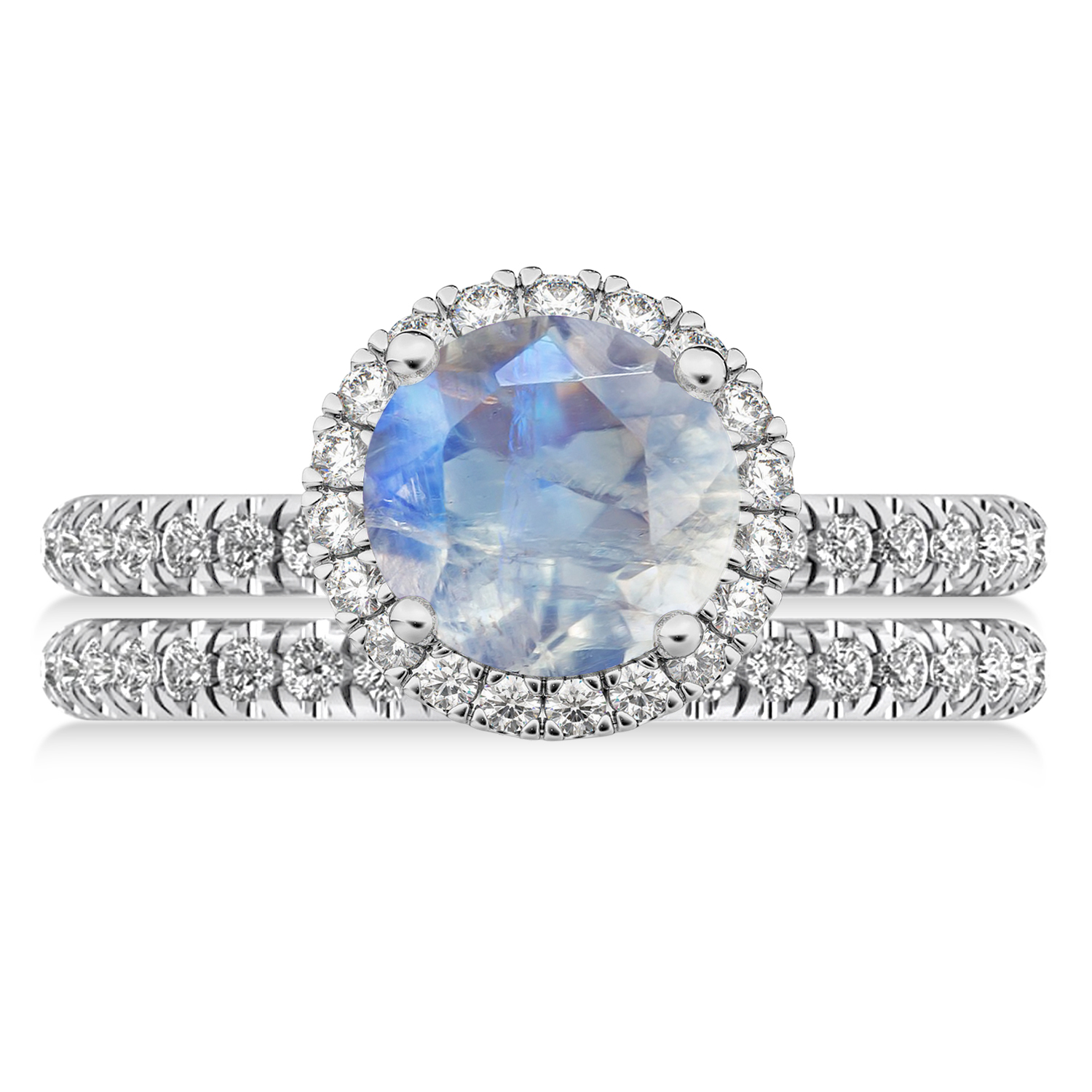 Moonstone & Diamond Round-Cut Halo Bridal Set 14K White Gold (3.17ct)