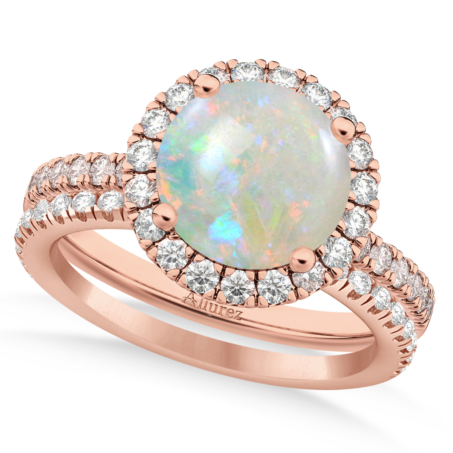 Opal & Diamond Round-Cut Halo Bridal Set 14K Rose Gold (2.07ct)