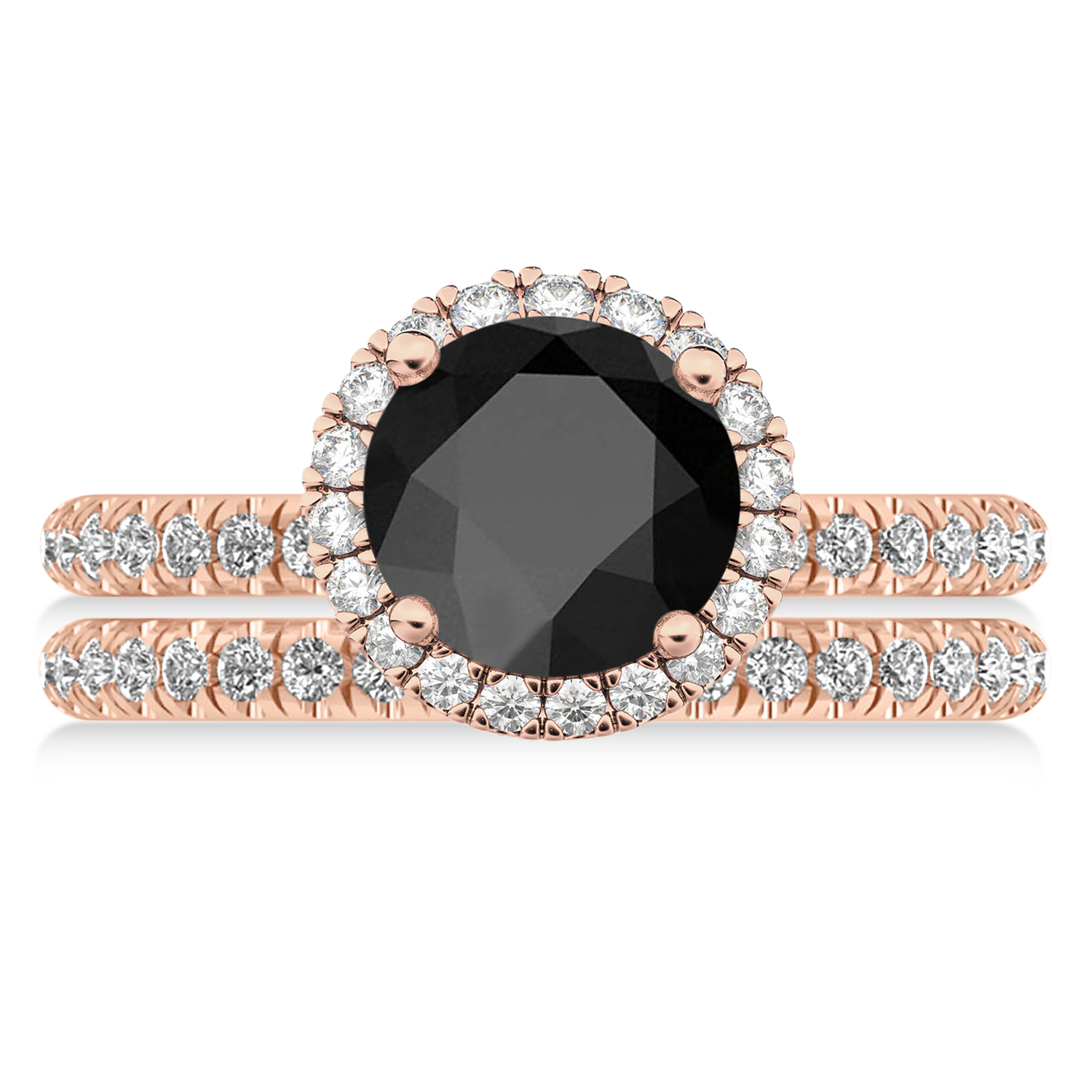 Onyx & Diamond Round-Cut Halo Bridal Set 14K Rose Gold (3.17ct)