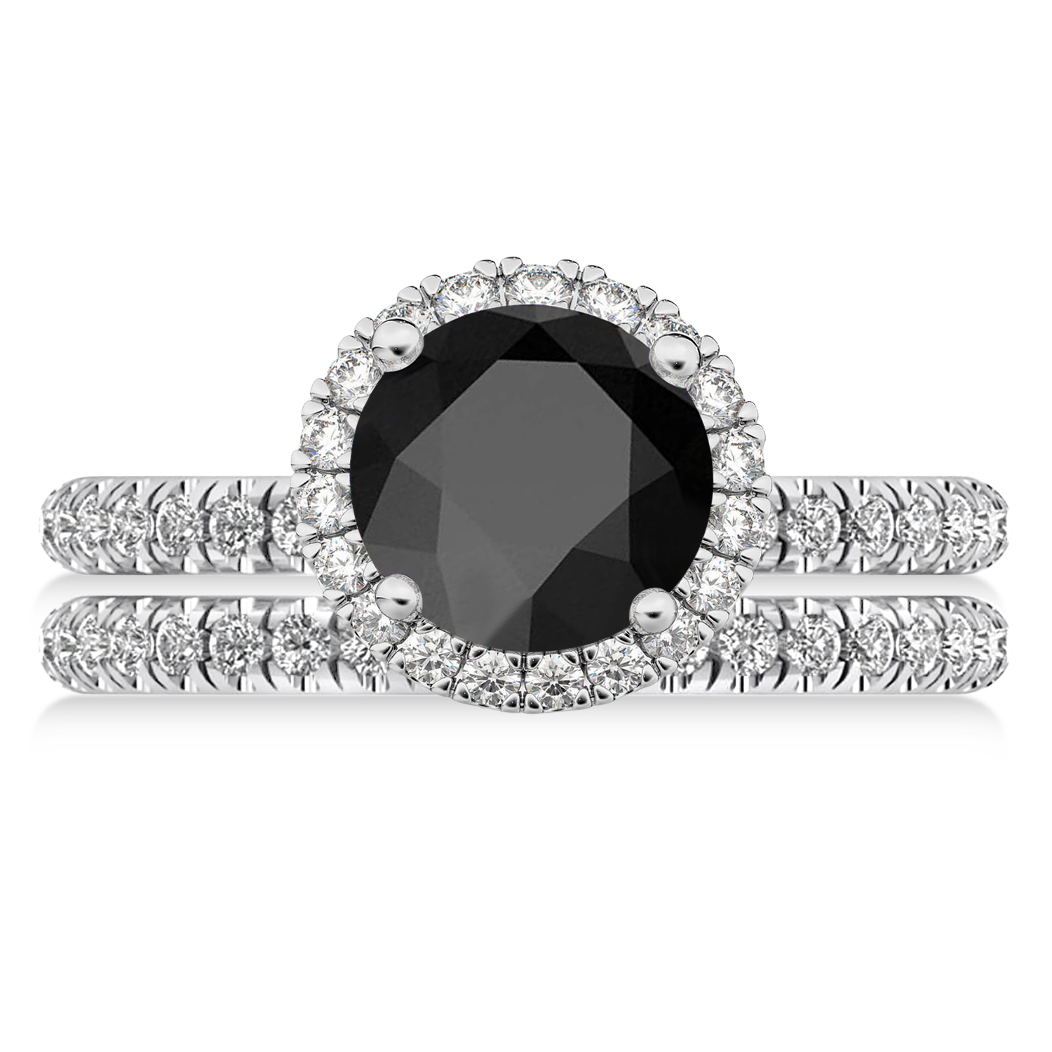 Onyx & Diamond Round-Cut Halo Bridal Set 14K White Gold (3.17ct)