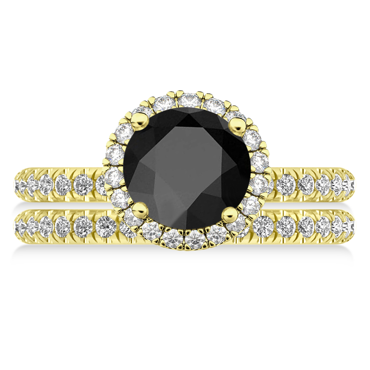 Onyx & Diamond Round-Cut Halo Bridal Set 14K Yellow Gold (3.17ct)