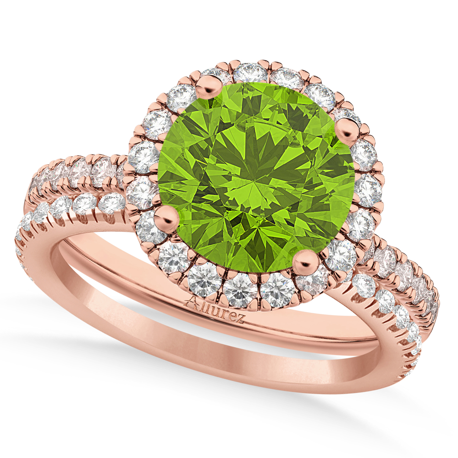 Peridot & Diamond Round-Cut Halo Bridal Set 14K Rose Gold (2.77ct)