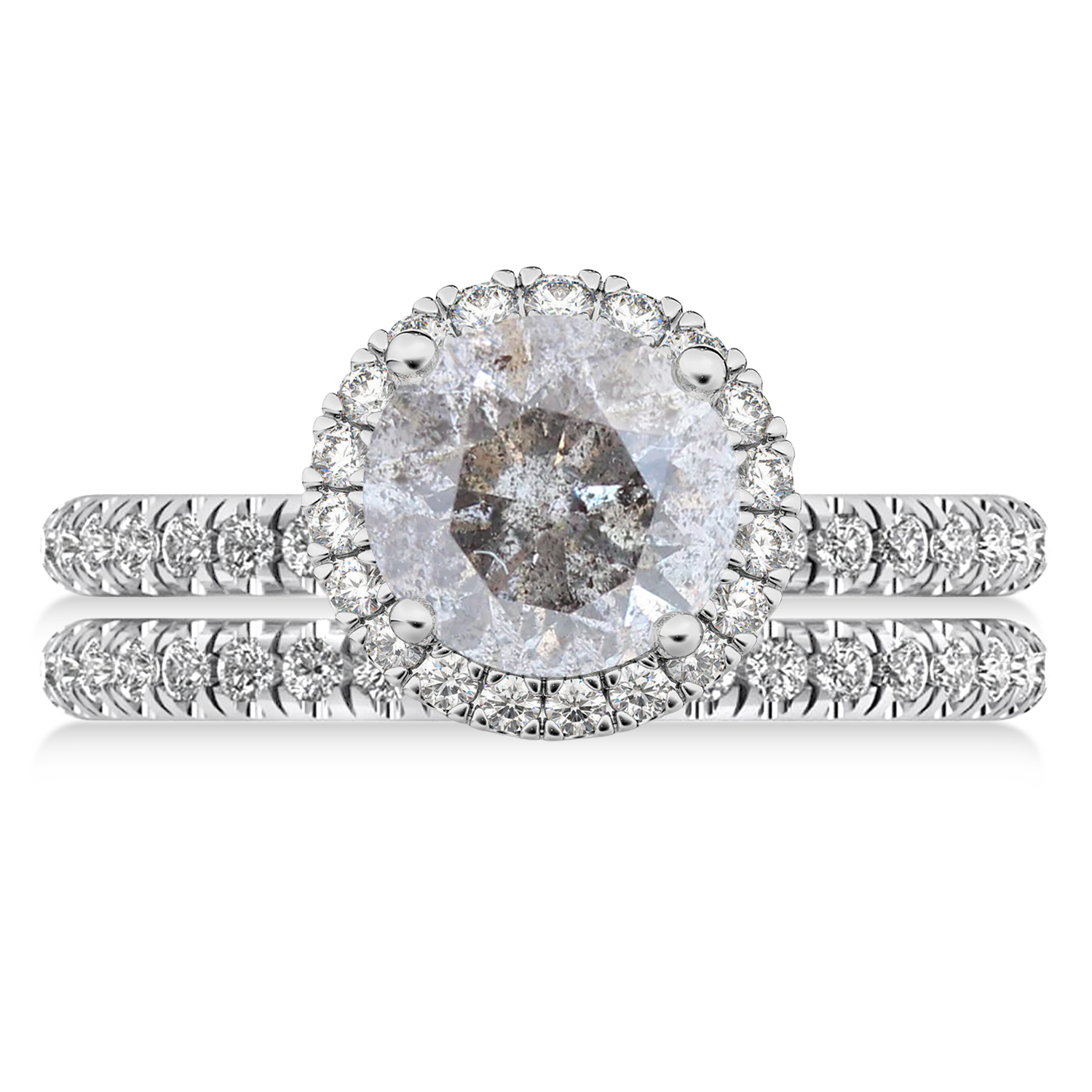 Salt & Pepper & White Diamond Round-Cut Halo Bridal Set 14K White Gold (2.77ct)