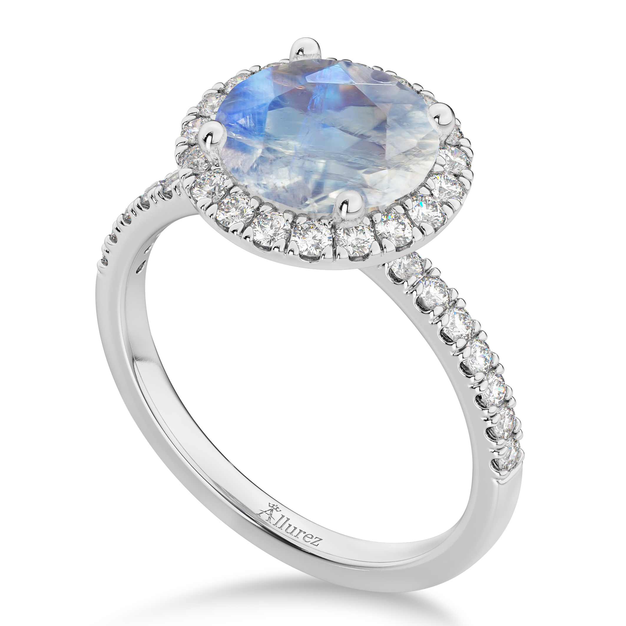 Halo Moonstone & Diamond Engagement Ring 14K White Gold 2.90ct